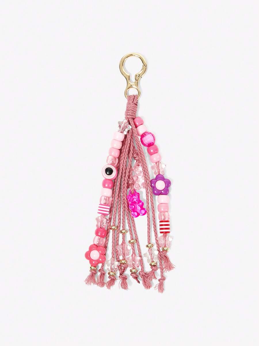 Viva Strut 1件流苏串珠编织绳可爱小花包包钥匙扣吊坠编织绳吊坠包包配件DIY吊坠 - 粉色 - 查看 1