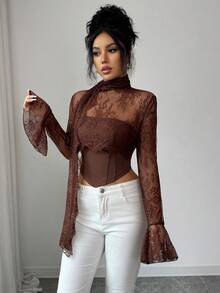 SHEIN Tall Women's Lace Patchwork Long Flare Sleeve Front Fish Bone Line Halter Tie Crop Top , Elegant Sexy Brown Summer Night Out Party - Brown - View 7