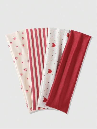 ROMWE Kawaii 4PCS Red And White Romantic Wind Sweet Striped Polka Dot Love Rose Print Cute Women's Headband, Suitable For Going Out, Dating, Spring Play Parties, Photo Styling, Sports Yoga Decoration Versatile Women's Hair Accessories
