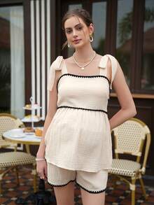 Momance 两件套孕妇休闲撞色滚边背心和短裤套装 - 杏色 - 查看 3