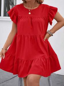 SHEIN PETITE CURVE Große Größen Damen Einfarbiges Rundhals Locker Babydoll Kleid, Rüschensaum, Urlaubs-Strandoutfit - Rot - Übersicht 1