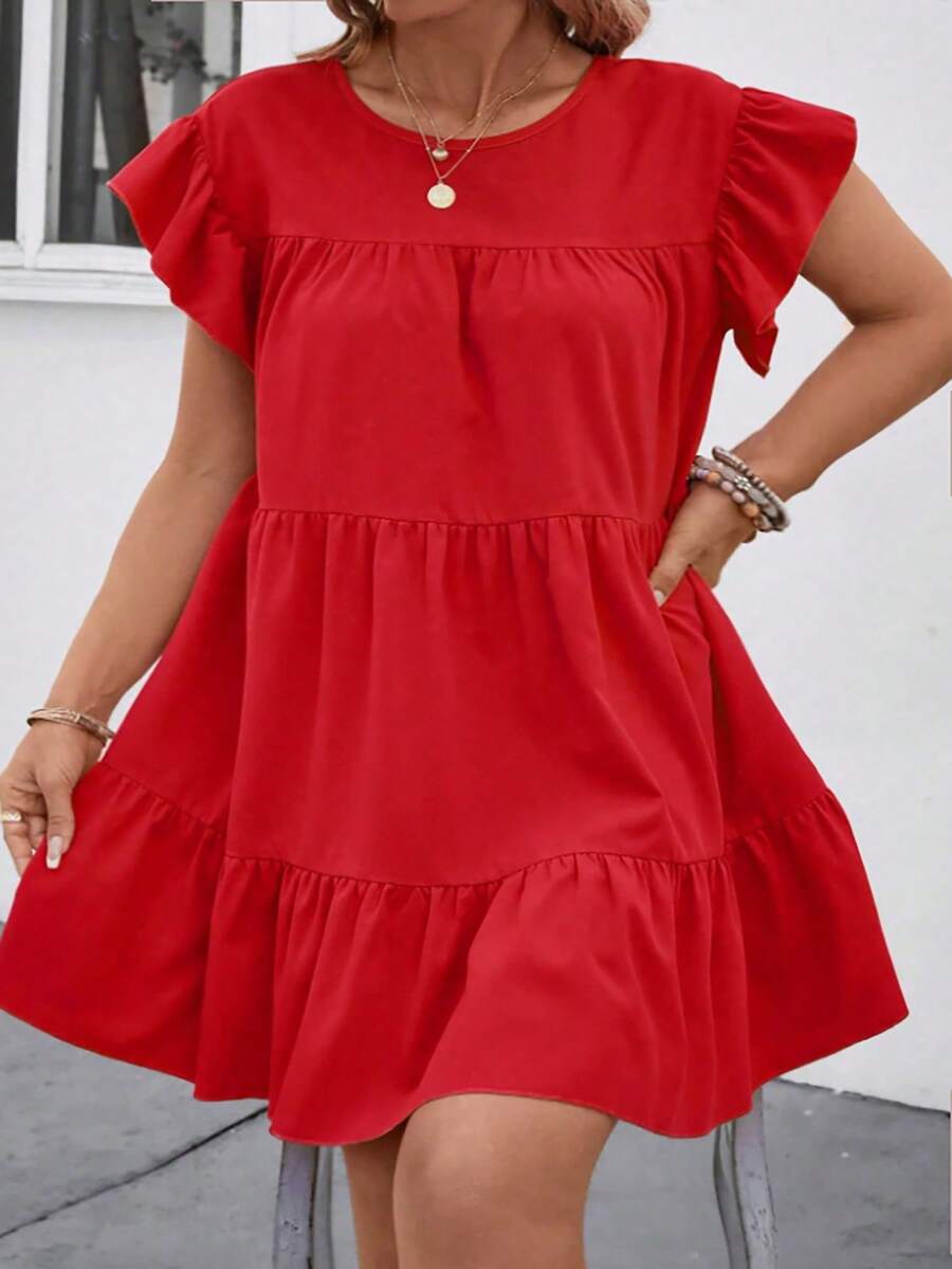 SHEIN PETITE CURVE Große Größen Damen Einfarbiges Rundhals Locker Babydoll Kleid, Rüschensaum, Urlaubs-Strandoutfit - Rot - Übersicht 1