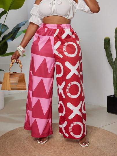 Maweii Plus Size Women Contrast Color Geometric Print High Waist Wide Leg Casual Pants