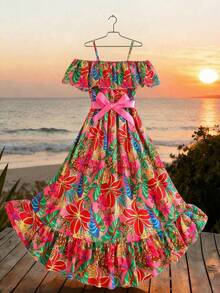 Sparklyn Mädchen Lässig Kleid mit Blume Muster und Rüschensaum - Verschiedenfarbig - Übersicht 2