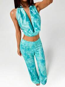 SHEIN ICON Quần nữ ống đứng buộc eo kiểu tie-dye, phong cách thường ngày. - màu xanh lá - Xem 3