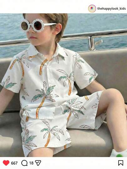 THE HAPPY LOOK Conjunto de 2 piezas de camisa de manga corta con cuello polo y estampado floral, y pantalones cortos de cintura elástica para niño pequeño