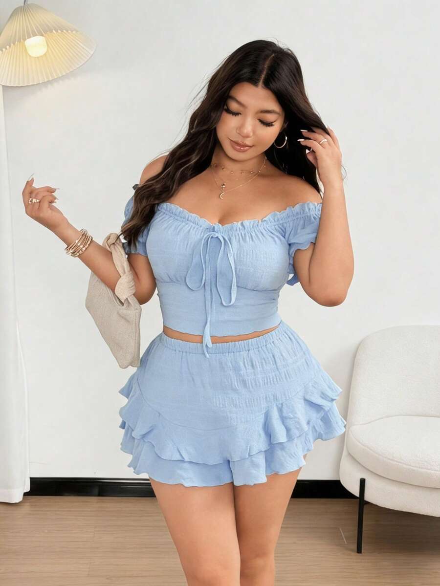 Vionelle Plus Size Sexy Off-Shoulder Going Out Top And Shorts Set, Bow Decor, Casual Beach Vacation Outfit - Baby Blue - View 1