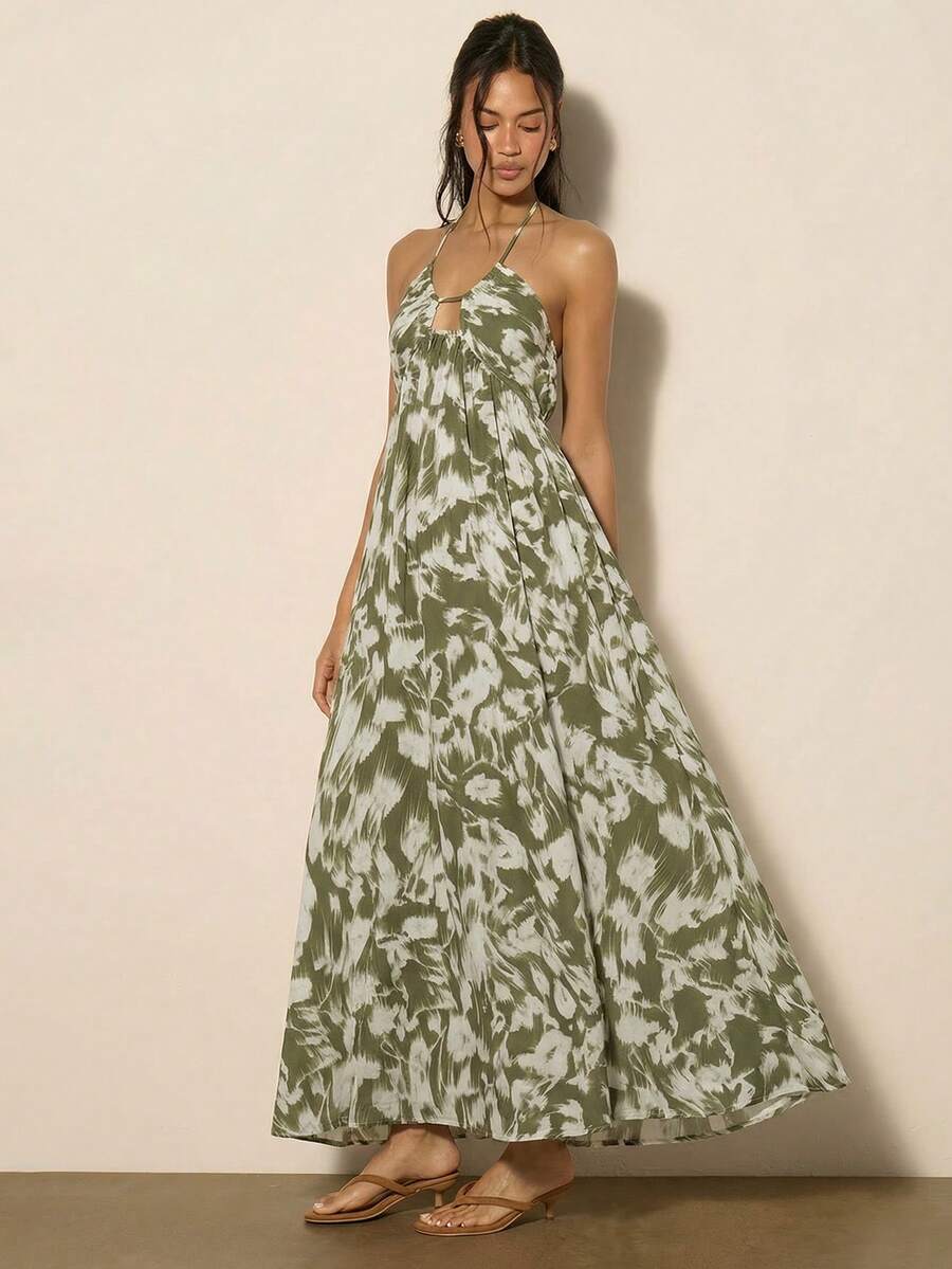 COSMINA Đầm nữ kiểu dáng thường ngày, buộc dây cổ, hở lưng, xẻ cao, thích hợp cho kỳ nghỉ hè. - Nhiều màu - Xem 1