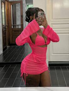 Vaytide 春夏新款亮泽纯色荧光黄纹理面料高弹性感镂空侧边修身黑色派对外出航海度假沙滩连衣裙女士浪漫度假连体泳衣罩衫 - 玫紅色 - 查看 4