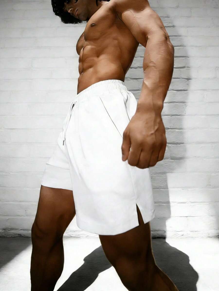 GymBeat Men's Drawstring Waist Slant Pocket Split Hem Summer Sports Shorts - White - View 1
