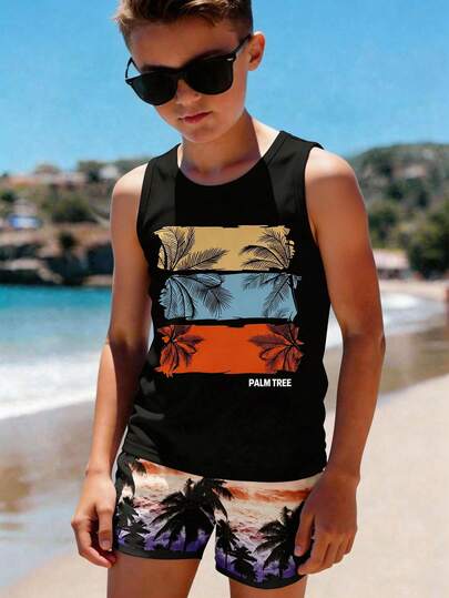 Bộ đồ thể thao cho bé trai tuổi teen, kiểu dáng tối giản, thoải mái, gồm áo tank top cổ tròn và quần short, họa tiết kẻ sọc cổ điển, họa tiết cây cọ đặc trưng, họa tiết cảnh hoàng hôn và bãi biển với cây cọ, thích hợp cho kỳ nghỉ, thích hợp cho kỳ nghỉ biển.