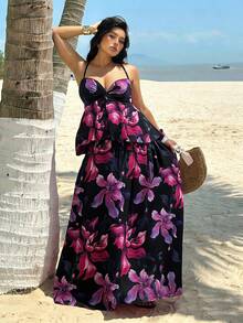 Sunnyshic Spring/Summer Fashion Vacation Elegant Floral Print Elastic Knit Halter Neck Tie Camisole Paired With A-Line Umbrella Maxi Skirt Sexy 2 Pieces Outfit, Backless Beach Women Outfits - Multicolor - View 3