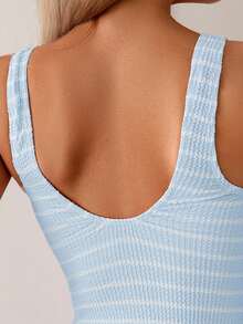 Swim Lushoire Traje de baño de una pieza para mujer con diseño de rayas onduladas y cuello redondo, con espalda descubierta y estilo minimalista, adecuado para uso diario en verano - Azul y blanco - Ver 4