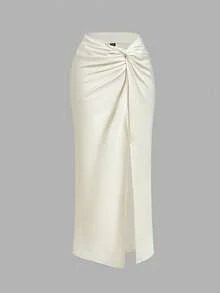 SHEIN MOD Twist Knot Apricot High Slit Satin Skirt - Apricot - View 2