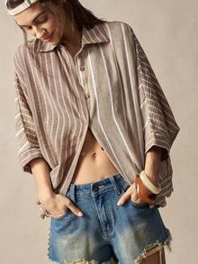 Bohemela Casual Woven Striped Patchwork Loose Fit Women's Shirt - Khaki - View 5
