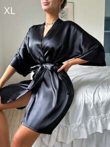 1pc This Women's Solid-Color Silk-Faced Sexy Short-Sleeved Bathrobe Features A Pure Mature Style, Suitable For Both Spring And Summer. It Is Ideal For Home Use, Gatherings, Parties, And Hotels - Black - View 5