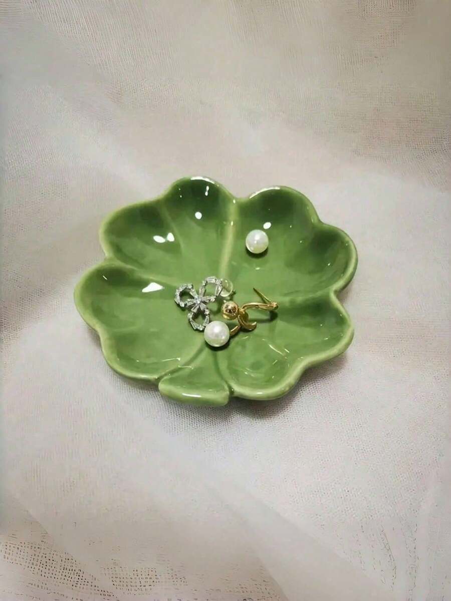 北欧风叶形陶瓷首饰碟，多用途收纳托盘，适用于订婚、结婚和生日礼物 - 綠色 - 查看 1