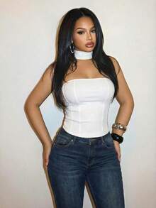 Slaydiva Áo croptop cúp ngực buộc dây gợi cảm và thanh lịch mùa hè mới, thích hợp cho tiệc tùng, quán bar, hộp đêm, đám cưới, kỳ nghỉ. - trắng - Xem 8