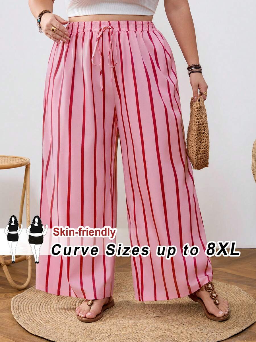 SHEIN CURVE+ 大码女装夏季休闲沙滩装，时尚商务通勤优雅阔腿裤，带口袋，莲花粉，夏季长裤，夏季/乡村/沙滩度假装/沙滩装/沙滩服饰 - 彩色 - 查看 1