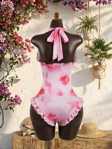 SaltGleam Pink Tie Dye Sexy Backless Halter Bodysuit For Beach Vacation - Pink - View 2