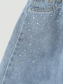 SHEIN 女童牛仔褲 中洗藍色 夏季返校款 閃亮水鑽裝飾 不對稱鬆緊腰頭 寬鬆直筒軟棉丹寧牛仔褲 - 中等水洗藍 - 查看 8