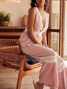 Women Contrast Lace Sleeveless Button-Up Top And Pants Pajama Set - Pink - View 1
