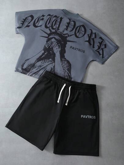 PAVTROS Men's Street Letter Print T-Shirt And Shorts Set