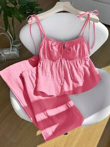 Comfortcana Woven Pink Linen Solid Color Camisole And Pants Set - Pink - View 6