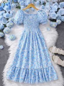 SHEIN 女童碎花蝴蝶结装饰短袖连衣裙 - 淺藍色 - 查看 3