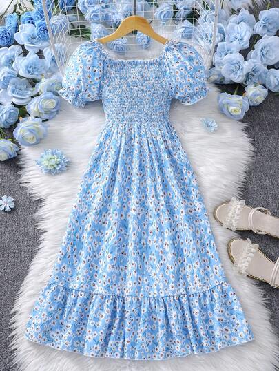SHEIN Girls' Floral Print Bow Decor Short Sleeve Dress Puffed Sleeve Dress Spring Elegant Dress Blue Floral Dress Summer Daisy Dress