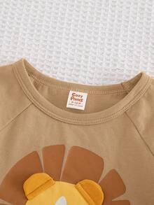 Cozy Pixies 2pcs Baby Boy Cartoon Lion Pattern Knit Soft Round Neck Short Sleeve Top And Elastic Waist Shorts Set - Khaki - View 4