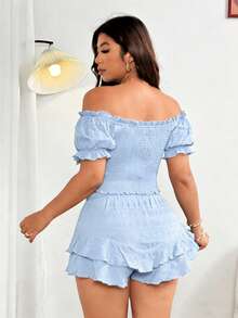 Vionelle Plus Size Sexy Off-Shoulder Going Out Top And Shorts Set, Bow Decor, Casual Beach Vacation Outfit - Baby Blue - View 6