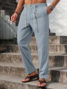 VENTUSAIL Men Solid Drawstring Waist Pants Tapered Long Slacks Linen Cool Plain Going Out, Fall - Mint Blue - View 7