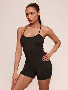 SHEIN BAE Solid Color Racerback Fitted Romper - Black - View 4