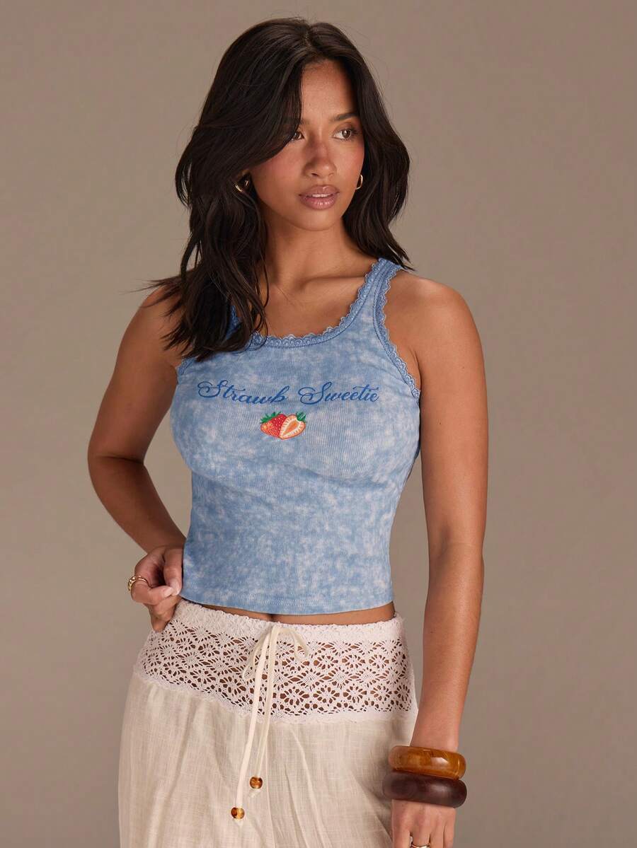 Athîral Women's Casual Vacation Ribbed Knit Strawberry Print Tank Top - Blue - View 1