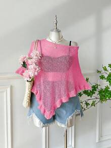 SHEIN EZwear Áo choàng poncho dệt kim mỏng nhẹ, màu xanh lá cây, viền xếp ly, dành cho nữ cỡ lớn, thích hợp cho các buổi đi chơi và hẹn hò mùa hè. - Hồng - Xem 1