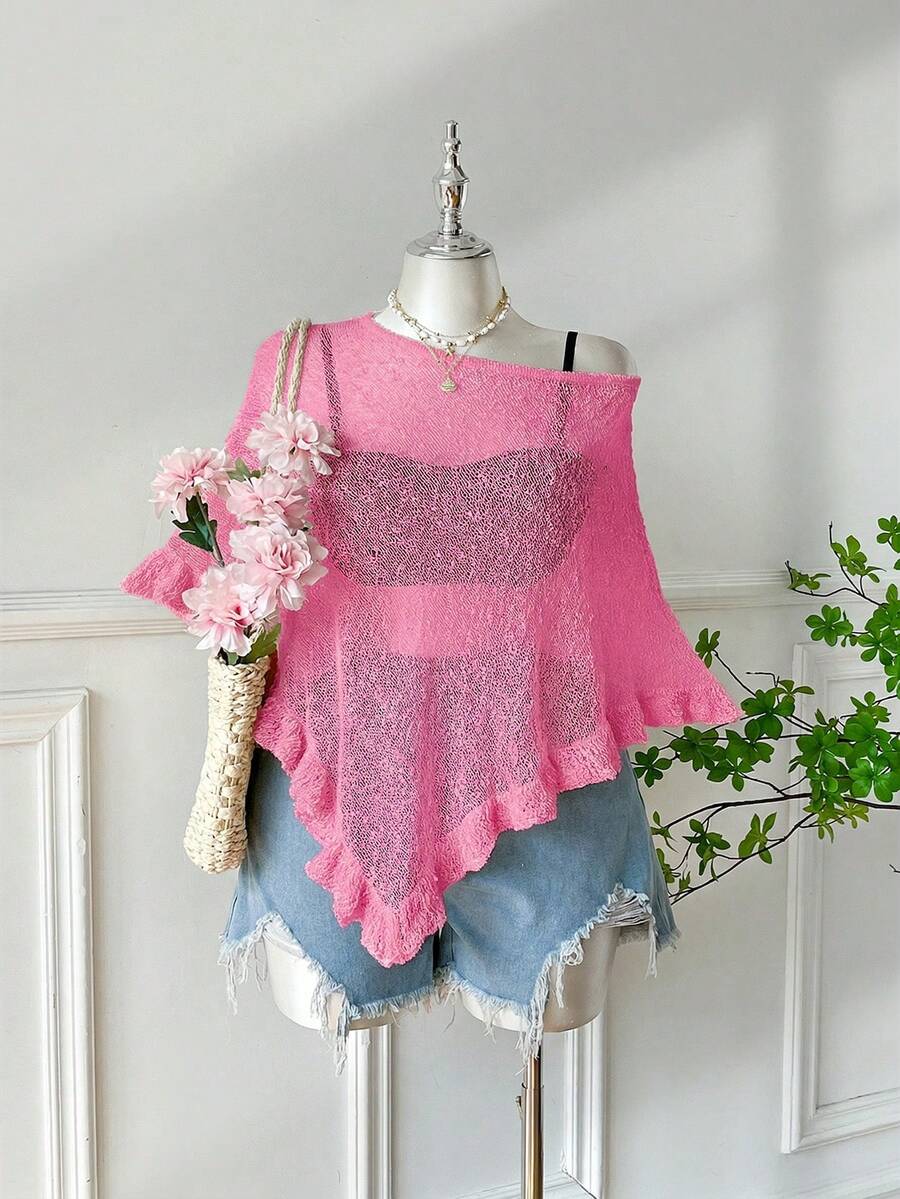 SHEIN EZwear Áo choàng poncho dệt kim mỏng nhẹ, màu xanh lá cây, viền xếp ly, dành cho nữ cỡ lớn, thích hợp cho các buổi đi chơi và hẹn hò mùa hè. - Hồng - Xem 1