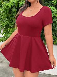 SHEIN EZwear 大尺碼女款酒紅色夏季休閒時尚連身褲，方領短袖 A 字版型荷葉邊下擺高彈力登山舞會連身褲，附口袋 - 酒紅色 - 查看 5