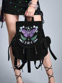 ROMWE Loại hoa: 1702008 Ba lô thêu chỉ chất lượng cao hình đầu lâu, bướm đêm, lá cây, sao, mặt trăng, nấm, phong cách Gothic tối màu - Đen đậm - Xem 3