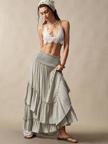 Bohemela Women's Sage Green Summer Boho Beach Holiday Skirt,Bohemian Ruffle Midi Skirt,Convertible Two-Way Strapless Tube Top,Casual Woven Streetwear Festival - Green - View 1