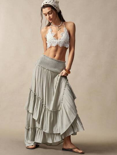 Bohemela Bohemian Women's Summer Casual And Comfortable, Perfect For Streetwear, Vacations, And Western Music Festivals. A Bohemian Solid-Color Woven Midi Skirt Featuring Roman-Style Ruffle Detailing; A Convertible Two-Way Design That Can Be Worn As A Skirt Or As A Strapless Tube Top. Ideal For The Beach, Summer Vacations, Holiday