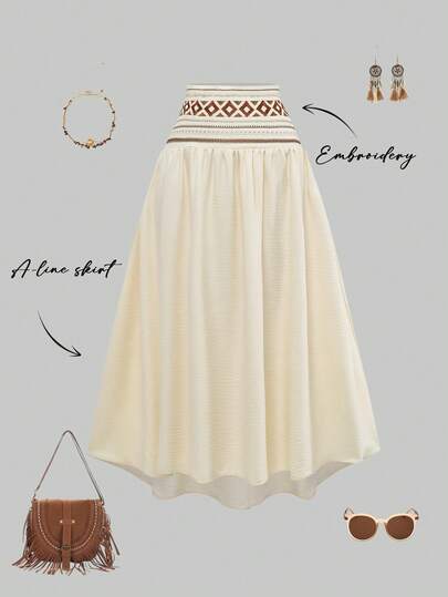 GlowEve 优雅波西米亚风刺绣腰部A字长裙，百搭款式，适合海滩、度假、日常穿着、通勤、约会，展现复古法式街头风，春夏新款杏色