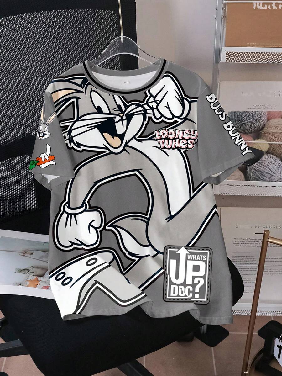 LOONEY TUNES X SHEIN Áo thun ngắn tay cổ tròn in họa tiết toàn thân dành cho bé trai tuổi teen - trắng - Xem 1