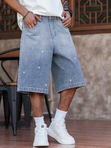 Manfinity EMRG Plus Size Men's Rhinestone Embellished Wide Leg Denim Shorts - Light Wash - View 6