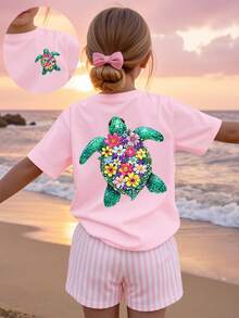 Camiseta corta negra casual con estampado gráfico de tortuga marina, concha marina y estrella de mar, de uso diario cómodo para niñas, para primavera y verano - Rosa - Ver 3