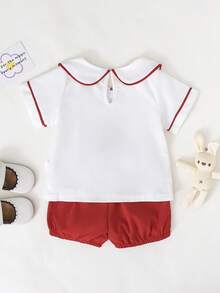 SHEIN Playful Pals 2件組男嬰幼童白色與紅色汽車印花領口襯衫&短褲套裝 夏季可愛紳士風派對婚禮家庭穿搭服飾 - 紅色 - 查看 2