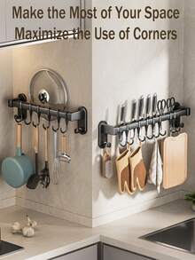 Kitchen Utensil Rack, Wall Mounted Kitchen Organizer, Pot And Pan Storage Rack Set With Silent Sliding Hooks, Black Gray, For Kitchen And Dining Room - Multicolor - View 6