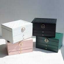 1 pieza Caja de almacenamiento de joyas de gran capacidad, Caja de almacenamiento de joyas portátil, Tocador con cajón Caja de almacenamiento de joyas, Caja de joyas de cuero como regalo, Contenedor de almacenamiento y exhibición exquisito, Vuelta al colegio, Decoración de sala de maquillaje, Bolsa de maquillaje, Artículo de viaje esencial - Multicolor - Ver 7