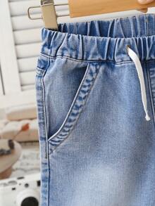 Tween Boy Back-To-School Summer Casual School Aqua Blue Denim Bermuda Shorts,Elastic Waist Drawstring Washed Straight Loose Fit Daily Wear Holiday - Medium Wash - View 5