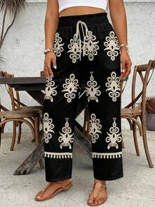 SHEIN VCAY Plus Size Geometric Print Drawstring Waist Pants, Suitable For Vacation - Multicolor - View 1